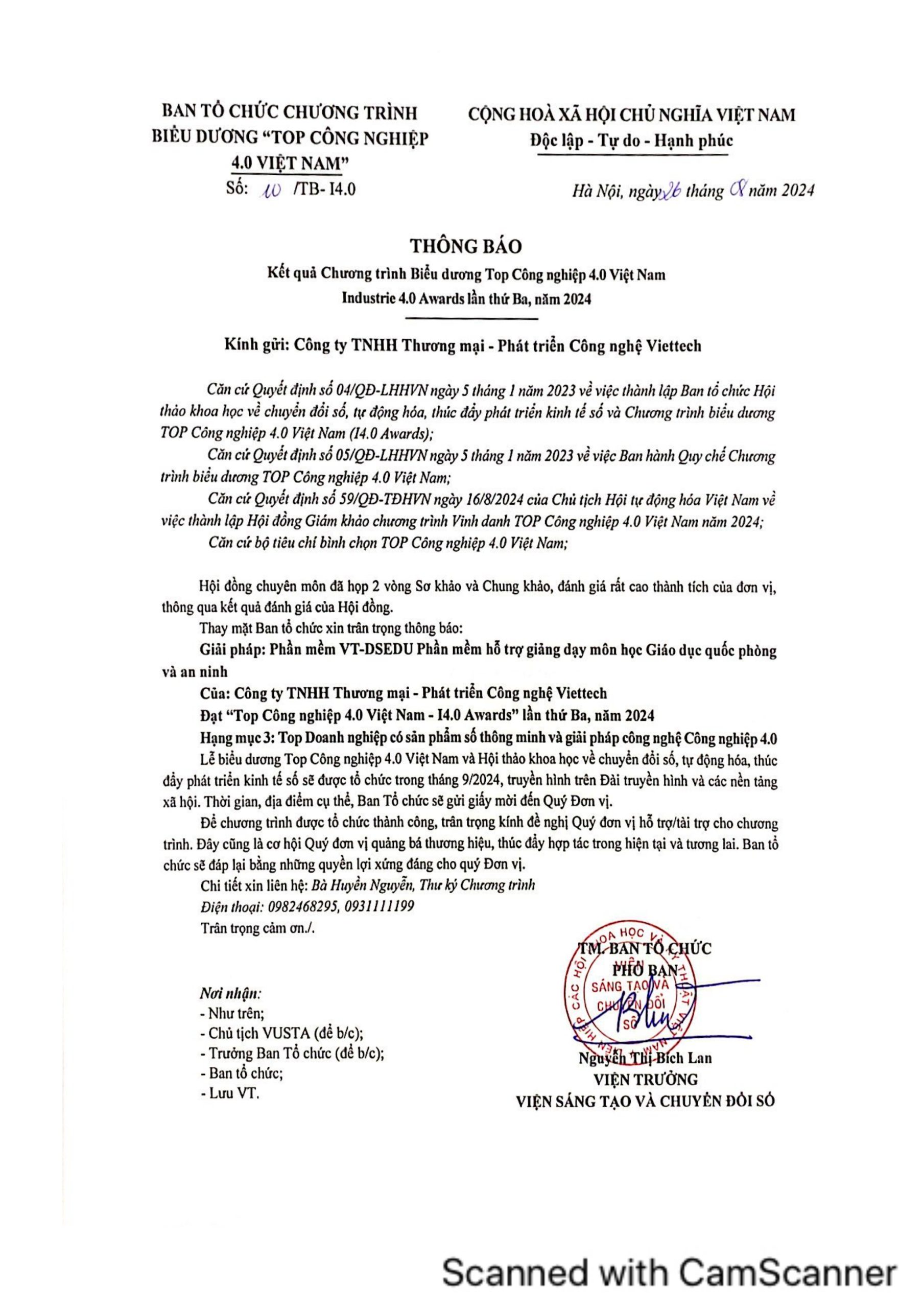 VIETTECH Tự Hào Đạt Giải Thưởng Top Công Nghiệp 4.0 Việt Nam – I4.0 Awards Lần Thứ 3 Năm 2024